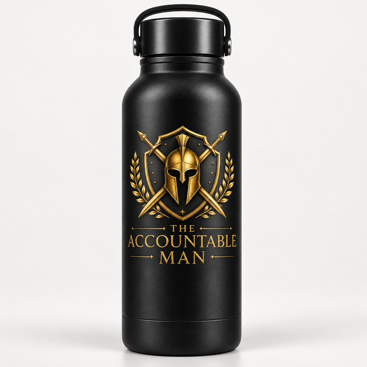 The Accountable Man water bottle — black with gold branding