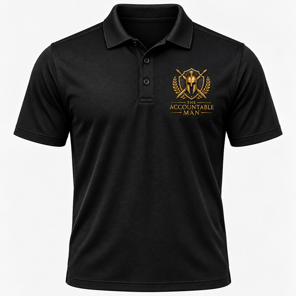 The Accountable Man performance polo — black with gold logo