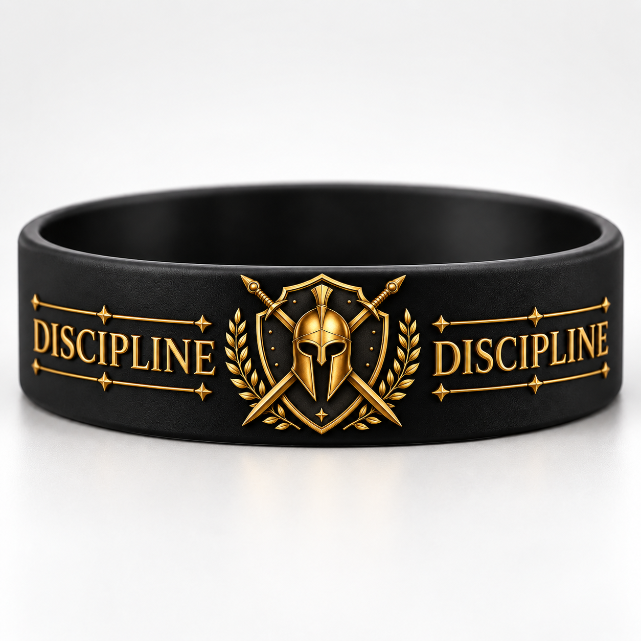 TAM Discipline bracelet — black silicone with gold warrior crest